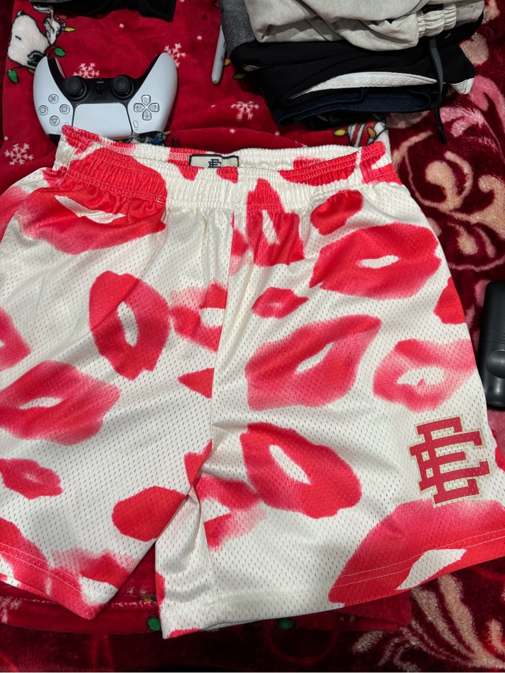 Eric Emanuel White Athletic Shorts with Red Lip Print